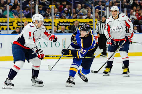 ST. LOUIS, MO – OCTOBER 01: St. Louis Blues left wing Klim Kostin, right, takes a shot on goal past Washington Capitals defenseman Dmitry Orlov, left, during the first period of an NHL hockey preseason game October 1, 2017, at Scottrade Center in St. Louis, MO. (Photo by Tim Spyers/Icon Sportswire via Getty Images)