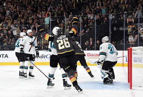 LAS VEGAS, NEVADA – OCTOBER 02: Paul Stastny #26 and Cody Glass #9 of the Vegas Golden Knights celebrate after a goal by teammate Mark Stone #61 during the first period against the San Jose Sharks at T-Mobile Arena on October 02, 2019 in Las Vegas, Nevada. (Photo by David Becker/NHLI via Getty Images)