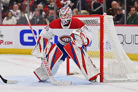 CHICAGO, ILLINOIS – NOVEMBER 25: Goaltender Sam Montembeault #35 of the Montreal Canadiens defends the net against the Chicago Blackhawks on November 25, 2022 at United Center in Chicago, Illinois. (Photo by Jamie Sabau/Getty Images)