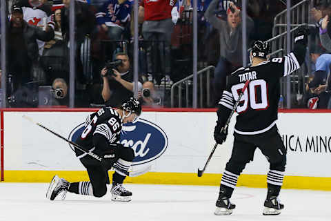 Mar 22, 2022; Newark, New Jersey, USA; New Jersey Devils center Jack Hughes (86) celebrates after scoring a goal against New York Rangers during the third period at Prudential Center. Mandatory Credit: Tom Horak-USA TODAY Sports