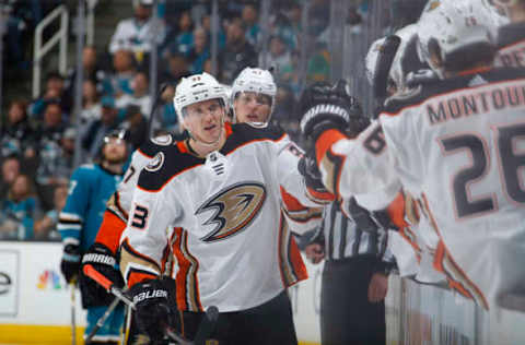 SAN JOSE, CA – APRIL 18: Jakob Silfverberg #33 of the Anaheim Ducks high fives teammates during the game against the San Jose Sharks. (Photo by Rocky W. Widner/NHL/Getty Images)