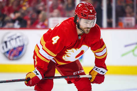 May 20, 2022; Calgary, Alberta, CAN; Calgary Flames defenseman Rasmus Andersson (4) during the third period against the Edmonton Oilers in game two of the second round of the 2022 Stanley Cup Playoffs at Scotiabank Saddledome. Mandatory Credit: Sergei Belski-USA TODAY Sports