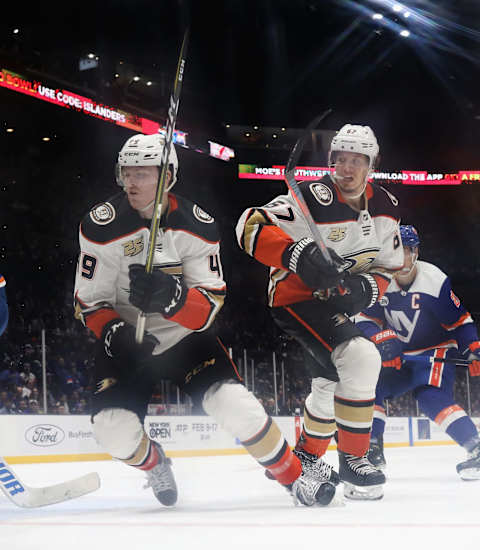 Max Jones #49 and Rickard Rakell #67 of the Anaheim Ducks (Photo by Bruce Bennett/Getty Images)