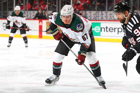 NEWARK, NJ – JANUARY 19: Arizona Coyotes left wing Lawson Crouse #67 during the National Hockey League game between the New Jersey Devils and the Phoenix Coyotes on January 19, 2022 at the Prudential Center in Newark, New Jersey (Photo by Rich Graessle/Getty Images)