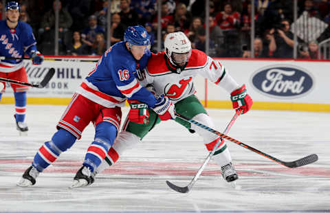 Ryan Strome #16 of the New York Rangers, P.K. Subban #76 of the New Jersey Devils. (Photo by Elsa/Getty Images)