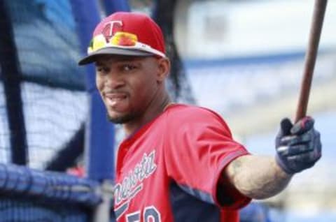 Mar 10, 2015; Dunedin, FL, USA; Minnesota Twins center fielder Byron Buxton (70) works out prior to the spring training game against the Toronto Blue Jays at Florida Auto Exchange Park. Mandatory Credit: Kim Klement-USA TODAY Sports