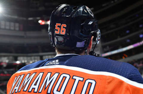 EDMONTON, AB – NOVEMBER 3: Kailer Yamamoto #56 of the Edmonton Oilers watches warm up prior to the game dedicated to Hockey Fights Cancer against the New Jersey Devils on November 3, 2017 at Rogers Place in Edmonton, Alberta, Canada. (Photo by Andy Devlin/NHLI via Getty Images)