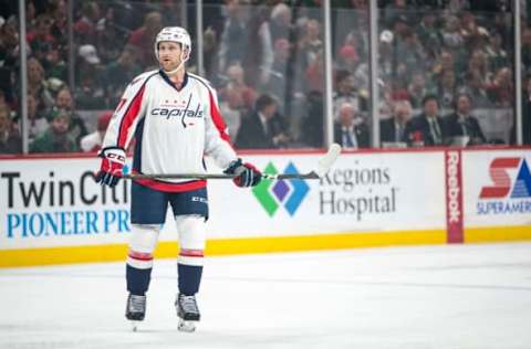 Mar 28, 2017; Saint Paul, MN, USA; Washington Capitals defenseman Karl Alzner (27) against the Minnesota Wild at Xcel Energy Center. The Capitals defeated the Wild 5-4 in overtime. Mandatory Credit: Brace Hemmelgarn-USA TODAY Sports