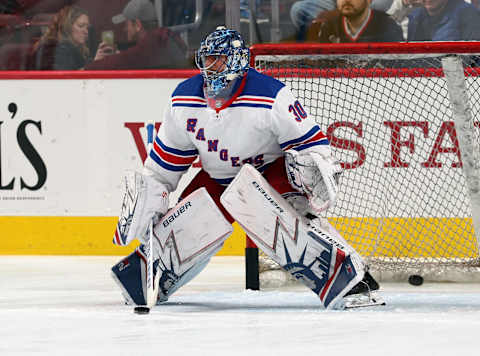 PHILADELPHIA, PA – APRIL 07: Henrik Lundqvist #30 of the New York Rangers warms up against the Philadelphia Flyers on April 7, 2018 at the Wells Fargo Center in Philadelphia, Pennsylvania. (Photo by Len Redkoles/NHLI via Getty Images)