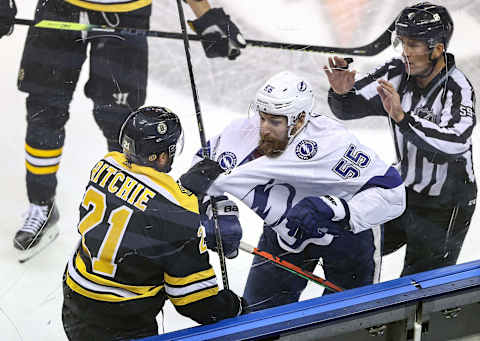 Nick Ritchie #21 of the Boston Bruins (Photo by Elsa/Getty Images)