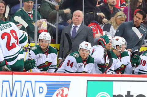 NEWARK, NJ – FEBRUARY 09: Minnesota Wild head coach Bruce Boudreau during the National Hockey League game between the New Jersey Devils and the Minnesota Wild on February 8, 2019, at the Prudential Center in Newark, NJ. (Photo by Rich Graessle/Icon Sportswire via Getty Images)