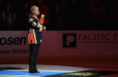 ANAHEIM, CA – APRIL 28: Dawn Wright sings the national anthem prior to the first period of Game Two of the Western Conference Second Round during the 2017 NHL Stanley Cup Playoffs between the Anaheim Ducks and the Edmonton Oilers at Honda Center on April 28, 2017, in Anaheim, California. (Photo by Sean M. Haffey/Getty Images)