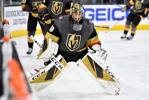 LAS VEGAS, NEVADA – JANUARY 07: Marc-Andre Fleury #29 of the Vegas Golden Knights warms up prior to a game against the Pittsburgh Penguins at T-Mobile Arena on January 07, 2020 in Las Vegas, Nevada. (Photo by Jeff Bottari/NHLI via Getty Images)