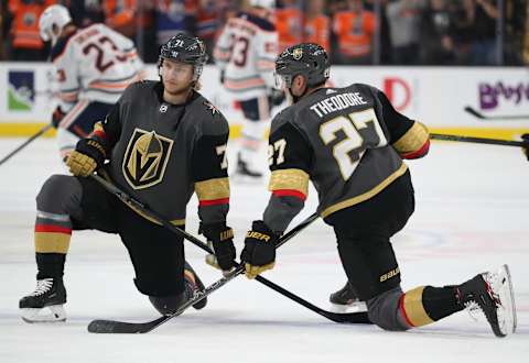 LAS VEGAS, NEVADA – NOVEMBER 23: William Karlsson #71 and Shea Theodore #27 of the Vegas Golden Knights warm up prior to a game against the Edmonton Oilers at T-Mobile Arena on November 23, 2019 in Las Vegas, Nevada. (Photo by Zak Krill/NHLI via Getty Images)