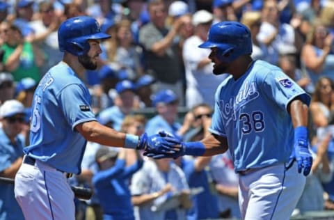 Jun 25, 2017; Kansas City, MO, USA; Kansas City Royals right fielder Jorge Bonifacio (38) celebrates with teammate Eric Hosmer (35) after hitting a solo home run against the Toronto Blue Jays during the first inning at Kauffman Stadium. Mandatory Credit: Peter G. Aiken-USA TODAY Sports