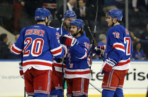 NHL Power Rankings: New York Rangers right wing Mats Zuccarello (36) celebrates his goal with teammates against the Anaheim Ducks during the second period at Madison Square Garden. Mandatory Credit: Brad Penner-USA TODAY Sports