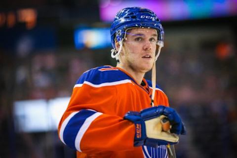 Oct 31, 2015; Edmonton, Alberta, CAN; Edmonton Oilers center Connor McDavid (97) during the warmup period against the Calgary Flames at Rexall Place. Mandatory Credit: Sergei Belski-USA TODAY Sports