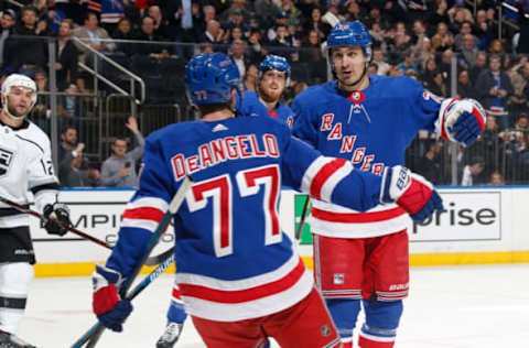 NEW YORK, NY – FEBRUARY 04: Chris Kreider #20 and Tony DeAngelo #77 of the New York Rangers celebrate after scoring a goal in the first period against the Los Angeles Kings at Madison Square Garden on February 4, 2019 in New York City. (Photo by Jared Silber/NHLI via Getty Images)