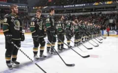 LONDON, ON – MAY 5: Mitche;ll Marner #93 and Victor Mete #98 of the London Knights enjoy a light moment prior to play against the Niagara IceDogs in Game One of the OHL Championship final for the J.Ross Robertson Cup on May 5,2016 at Budweiser Gardens in London, Ontario, Canada. The Knights defeated the IceDogs 4-1 to take a 1-0 series final lead. (Photo by Claus Andersen/Getty Images)