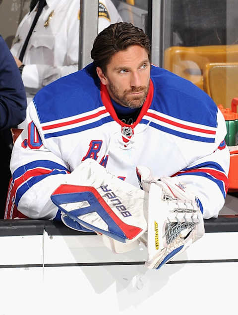 BOSTON, MA – JANUARY 15: Goaltender Henrik Lundqvist #30 of the New York Rangers looks on from the bench during a game against the Boston Bruins at TD Garden on January 15, 2015 in Boston, Massachusetts. (Photo by Steve Babineau/NHLI via Getty Images)