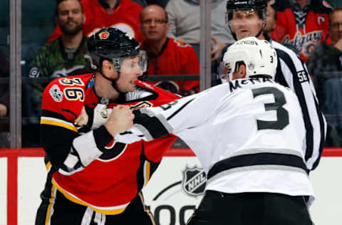 CALGARY, AB – FEBRUARY 28: Troy Brouwer #36 of the Calgary Flames fights Brayden McNabb #3 of the Los Angeles Kings. (Photo by Gerry Thomas/NHLI via Getty Images)