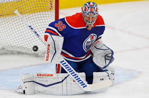 Oct 24, 2022; Edmonton, Alberta, CAN; Edmonton Oilers goaltender Jack Campbell (36) makes a save during warmup against the Pittsburgh Penguins at Rogers Place. Mandatory Credit: Perry Nelson-USA TODAY Sports