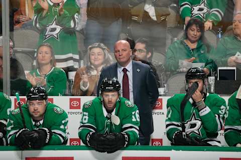 DALLAS, TX – OCTOBER 23: Jim Montgomery of the Dallas Stars behind the bench against the Los Angeles Kings at the American Airlines Center on October 23, 2018 in Dallas, Texas. (Photo by Glenn James/NHLI via Getty Images)