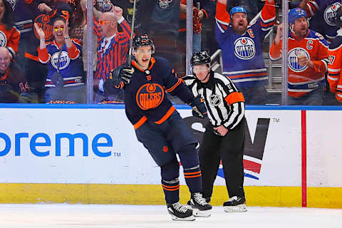 May 4, 2022; Edmonton, Alberta, CAN; The Edmonton Oilers celebrate a goal by forward Ryan McLeod (71) during the second period against Los Angeles Kings in game two of the first round of the 2022 Stanley Cup Playoffs at Rogers Place. Mandatory Credit: Perry Nelson-USA TODAY Sports