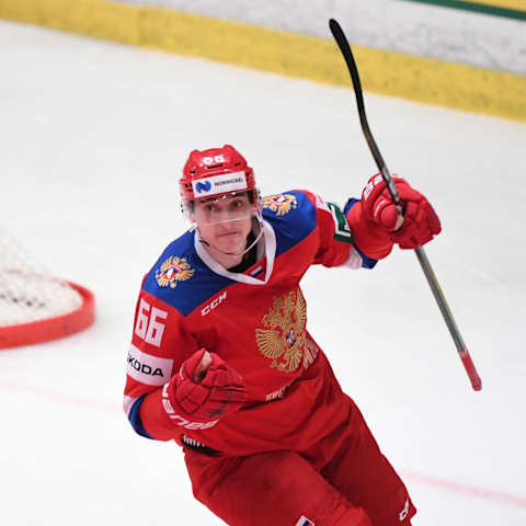 Russia’s Ilya Mikheyev reacts after scoring his team’s second goal during the Beijer Hockey Games match between Sweden and Russia at Hovet arena in Stockholm, Sweden on February 9, 2019. (Photo by Jonas EKSTROMER / TT News Agency / AFP) / Sweden OUT (Photo credit should read JONAS EKSTROMER/AFP/Getty Images)