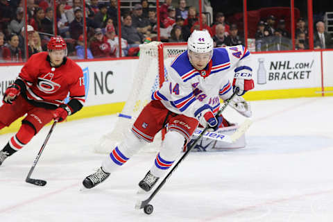 RALEIGH, NC – MARCH 31: New York Rangers Defenceman Neal Pionk (44) during the 2nd period of the Carolina Hurricanes game versus the New York Rangers on March 31, 2018, at PNC Arena (Photo by Jaylynn Nash/Icon Sportswire via Getty Images)