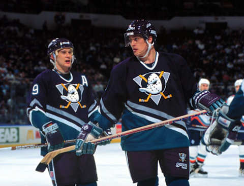 2000 Season: Teemu Selanne with teammate Paul Kariya. (Photo by Bruce Bennett Studios/Getty Images)