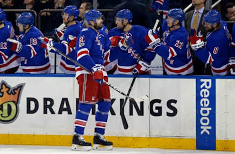 Vegas Golden Knights: New York Rangers right wing Rick Nash (61) celebrates scoring a goal during the first period against the Calgary Flames at Madison Square Garden. Mandatory Credit: Adam Hunger-USA TODAY Sports