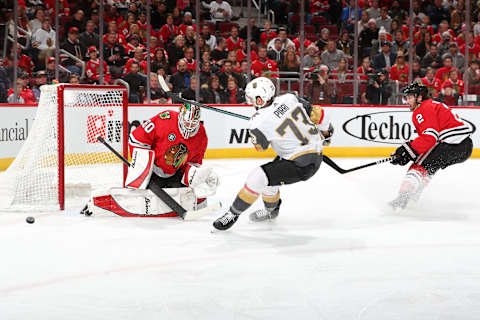 CHICAGO, IL – JANUARY 12: Brandon Pirri #73 of the Vegas Golden Knights shoots against goalie Collin Delia #60 of the Chicago Blackhawks in the first period at the United Center on January 12, 2019 in Chicago, Illinois. (Photo by Chase Agnello-Dean/NHLI via Getty Images)