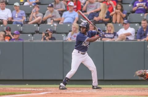 FORT WORTH, TX – JUNE 03: Dallas Baptist outfielder Jameson Hannah (5) waits on the pitch during the NCAA Division 1 baseball tournament regional game between Dallas Baptist University and Virginia on June 3, 2017 at Lupton Stadium in Fort Worth, TX. (Photo by George Walker/Icon Sportswire via Getty Images)