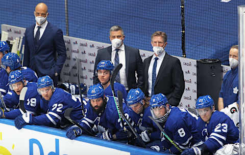 TORONTO, ON – MARCH 13: Head coach Sheldon Keefe of the Toronto Maple Leafs   (Photo by Claus Andersen/Getty Images)