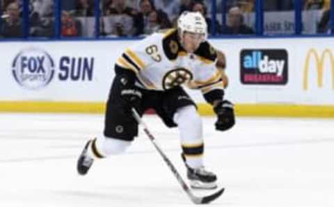 Mar 8, 2016; Tampa, FL, USA; Boston Bruins left wing Brad Marchand (63) skates with the puck against the Tampa Bay Lightning during the first period at Amalie Arena. Mandatory Credit: Kim Klement-USA TODAY Sports