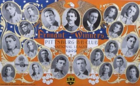 The World Champion Pittsburgh Pirates appear in a colorful team photo collage for 1909. Fred Clarke, appears in the top row, just left of center, and Honus Wagnr is in the bottom row, just left of center. (Photo by Mark Rucker/Transcendental Graphics, Getty Images)