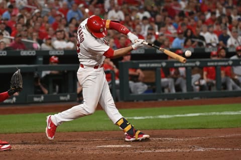 ST LOUIS, MO – SEPTEMBER 16: Nolan Arenado #28 of the St. Louis Cardinals hits an RBI double against the Cincinnati Reds in the seventh inning at Busch Stadium on September 16, 2022 in St Louis, Missouri. (Photo by Joe Puetz/Getty Images)