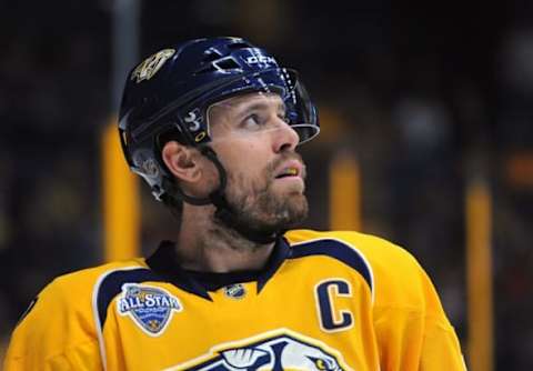 Nashville Predators defenseman Shea Weber (6) looks on during the second period against the Colorado Avalanche. Mandatory Credit: Christopher Hanewinckel-USA TODAY Sports