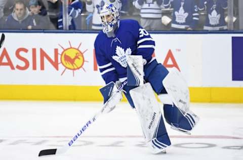 TORONTO, ON – NOVEMBER 09: Toronto Maple Leafs Goalie Michael Hutchinson (30) in warmups before the regular-season NHL game between the Philadelphia Flyers and Toronto Maple Leafs on November 9, 2019, at Scotiabank Arena in Toronto, ON. (Photo by Gerry Angus/Icon Sportswire via Getty Images)