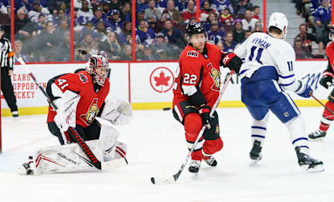 OTTAWA, ON – FEBRUARY 15: Marcus Hogberg #35 and Nikita Zaitsev #22 of the Ottawa Senators react to a shot on net as Zach Hyman #11 of the the Toronto Maple Leafs looks on at Canadian Tire Centre on February 15, 2020 in Ottawa, Ontario, Canada. (Photo by Jana Chytilova/Freestyle Photography/Getty Images)