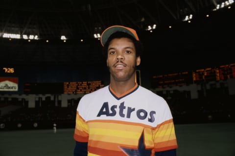 Portrait of Houston Astros’ outfielder Cesar Cedeno who stole over 50 bases six different times and won five Golden Glove Awards.