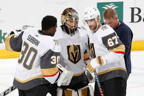 SUNRISE, FL – FEBRUARY 06: Goaltender Malcolm Subban #30 and Max Pacioretty #67 congratulate Goaltender Marc-Andre Fleury #29 of the Vegas Golden Knights after the 7-2 win against the Florida Panthers at the BB&T Center on February 6, 2020 in Sunrise, Florida. (Photo by Joel Auerbach/Icon Sportswire via Getty Images)