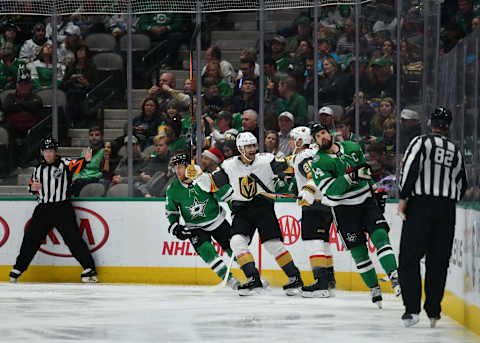 DALLAS, TX – NOVEMBER 25: Max Pacioretty #67, Paul Stastny #26 and the Vegas Golden Knights celebrate a goal against the Dallas Stars at the American Airlines Center on November 25, 2019 in Dallas, Texas. (Photo by Glenn James/NHLI via Getty Images)