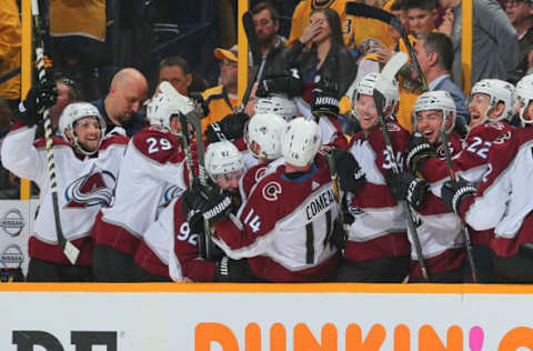 NASHVILLE, TN – APRIL 20: The bench of the Colorado Avalanche reacts after scoring the go ahead goal during the third period of a 2-1 Avalanche victory over the Nashville Predators in Game Five of the Western Conference First Round during the 2018 NHL Stanley Cup Playoffs at Bridgestone Arena on April 20, 2018 in Nashville, Tennessee. (Photo by Frederick Breedon/Getty Images)