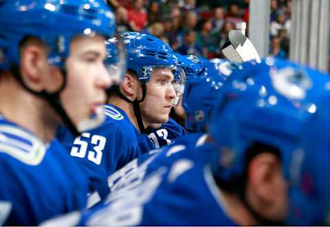 VANCOUVER, BC – MARCH 31: Bo Horvat #53 of the Vancouver Canucks looks on from the bench during their NHL game against the Columbus Blue Jackets at Rogers Arena March 31, 2018 in Vancouver, British Columbia, Canada. (Photo by Jeff Vinnick/NHLI via Getty Images)”n