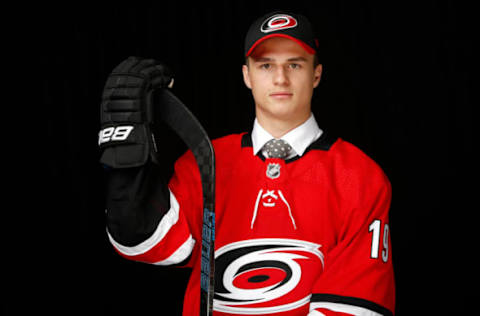 VANCOUVER, BRITISH COLUMBIA – JUNE 22: Jamieson Rees poses after being selected 44th overall by the Carolina Hurricanes during the 2019 NHL Draft at Rogers Arena on June 22, 2019 in Vancouver, Canada. (Photo by Kevin Light/Getty Images)