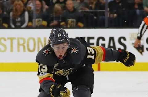 LAS VEGAS, NV – OCTOBER 10: Brendan Leipsic #13 of the Vegas Golden Knights skates against the Arizona Coyotes during the Golden Knights’ inaugural regular-season home opener at T-Mobile Arena on October 10, 2017, in Las Vegas, Nevada. The Golden Knights defeated the Coyotes 5-2. (Photo by Bruce Bennett/Getty Images)