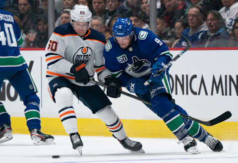 J.T. Miller #9 of the Vancouver Canucks tries to get around Markus Granlund (Photo by Rich Lam/Getty Images)