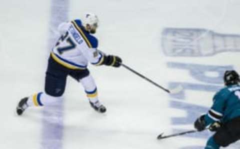 May 21, 2016; San Jose, CA, USA; St. Louis Blues defenseman Alex Pietrangelo (27) shoots against the San Jose Sharks in the first period of game four of the Western Conference Final of the 2016 Stanley Cup Playoffs at SAP Center at San Jose. Mandatory Credit: John Hefti-USA TODAY Sports